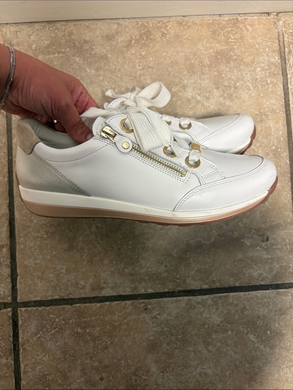 Ara White Leather Lace-Up Sneakers with Gold Accents